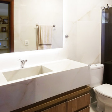 Contemporary Bathroom: White Stone with Bespoke Wood Furniture - Interior Design
