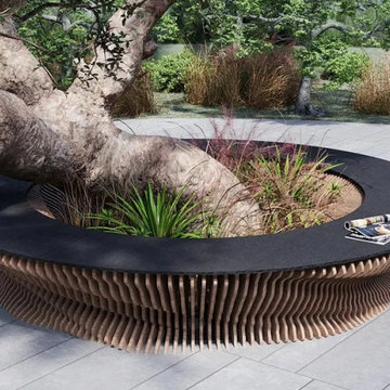 Modern Round Wooden Tree Bench – Unique Outdoor Seating for Public