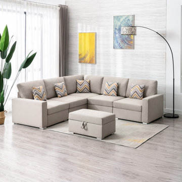 Nolan 95.5" Linen 6Pc Reversible Sectional Sofa with Pillows, Storage Ottoman, a