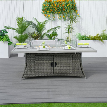 Outdoor Aluminium Fire Pit Table, Dining Wicker Table With Wind Guard, Gray