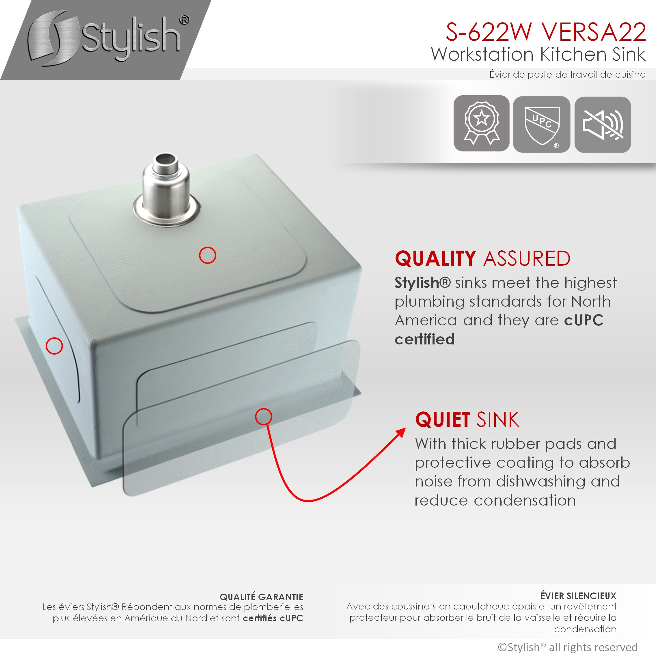 STYLISH 22'' Workstation Single Bowl Undermount 16G Stainless Steel Kitchen Sink
