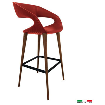 Angeles Barstool, Red Shell and Solid Walnut Legs, Black Steel Footrest