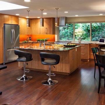 Modern Wood & Orange Accent Kitchen & Great Room