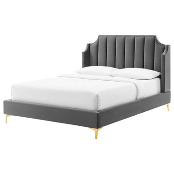 Platform Bed Frame, Queen Size, Velvet, Gray, Modern Contemporary, Bedroom