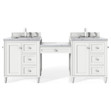 86" Double Vanity Set, Bright White W/ Makeup Table, 3 Cm Carrara Marble Top