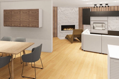 Cottage formal and open concept bamboo floor, brown floor and wood wall living room photo in Dusseldorf with a standard fireplace, a tile fireplace and a wall-mounted tv