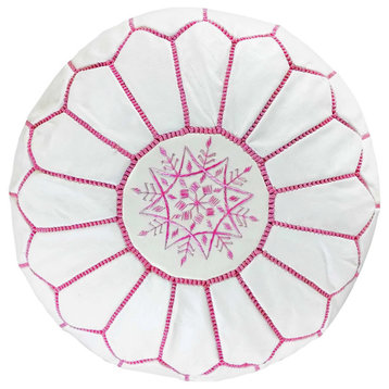 4 Colors Handmade Moroccan Ottoman, Genuine Leather White Poufs, White & Pink