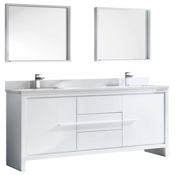 Fresca Allier 72" White Modern Double Sink Bathroom Vanity With Mirror