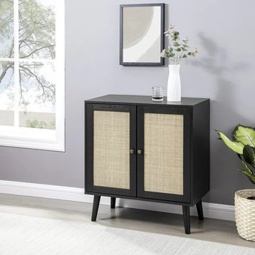 Contemporary Storage Cabinet, Pine Wood Frame & Rattan Accented Doors, Black