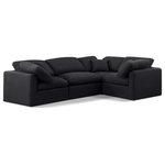 Meridian Furniture - Indulge Upholstered Modular L-Shaped Sectional, Black, 4-Piece: 1 Armless Chair, 3 Corner Chair, Down Stuffed Linen Textured Fabric - Unwind in tranquil elegance with the Indulge Linen Sectional. Imagine sinking into the plush embrace of this lush sectional, crafted from rich, textured black linen that feels soft and inviting against your skin. Overstuffed down feather cushions cradle you in cloud-like comfort, while the solid wood frame provides unwavering support. This modular masterpiece isn't just furniture - it's a blank canvas for creating your dream living space. Arrange the versatile pieces in countless configurations, from a sprawling entertainment zone for movie nights to intimate reading nooks for quiet moments. Indulge in the ultimate comfort, endless possibilities, and timeless elegance.