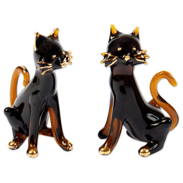 Novica Handmade Magical Felines Gilded Glass Figurines