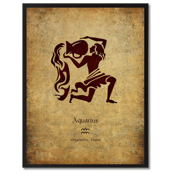 Aquarius Horoscope Astrology Brown Print on Canvas with Picture Frame, 13"x17"