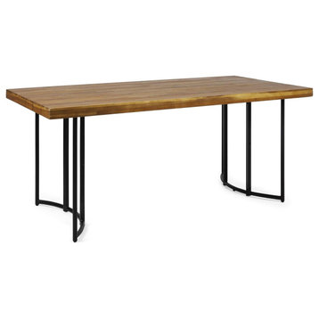 Unique Dining Table, Sleek Metal Legs With Rectangular Wooden Top, Teak/Black