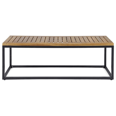 GDF Studio Drew Outdoor Industrial Acacia Wood and Iron Bench, Teak Finish