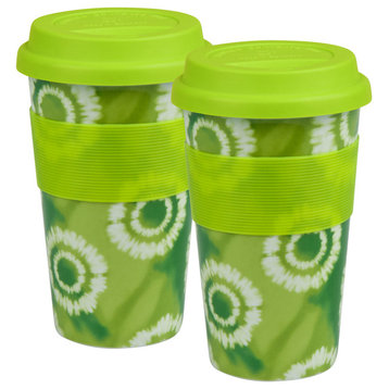 Green Batik Medium Travel Mugs, Set of 2
