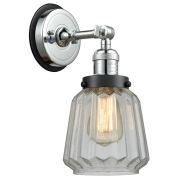 Chatham 1 Light Mixed Metals Sconce, Polished Chrome, Clear