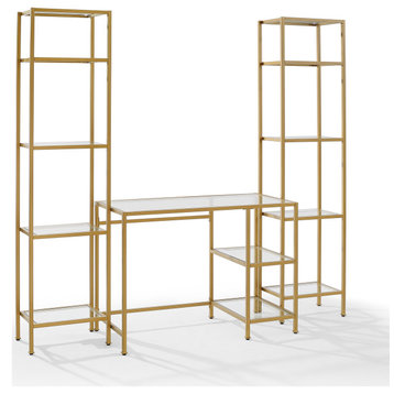 Crosley Furniture Aimee 3-piece Metal Desk and Etagere Set in Soft Gold