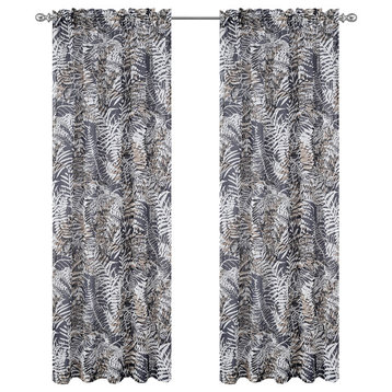 54"x84" Palm Set of 2 Faux Linen Sheer Curtain Panels, Charcoal