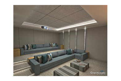 Home theater - huge contemporary enclosed carpeted home theater idea in Miami with gray walls and a projector screen