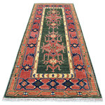 Shahbanu Rugs - Green Afghan Turkoman Ersari Geometric Organic Wool Wide Runner Rug, 4'0" x 9'8" - This fabulous Hand-Knotted carpet has been created and designed for extra strength and durability. This rug has been handcrafted for weeks in the traditional method that is used to make Rugs. This is truly a one-of-kind piece.