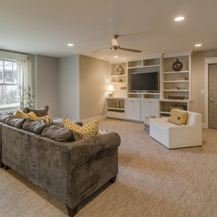 Inspiration for a mid-sized transitional enclosed carpeted home theater remodel in Nashville with gray walls and a media wall