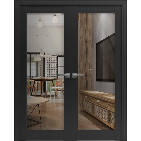 Interior French Double Doors Clear Glass|Lucia 2166 Matte Black-72x96