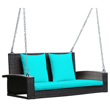 Costway 2-Person Patio Rattan Hanging Porch Swing Bench Chair Cushion Turquoise