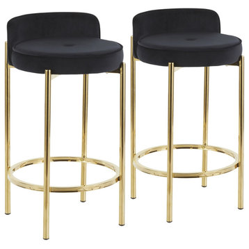 Chloe Contemporary Counter Stool, Gold Metal/Black Faux Leather, Set of 2