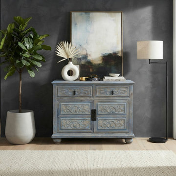 Oriental Floral Shabby Chic Rustic Light Blue High Credenza Cabinet cs1158