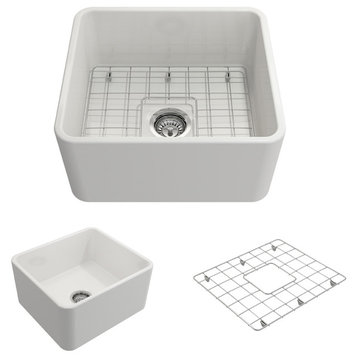 Classico Farmhouse Kitchen Sink With Grid and Strainer, White, 20"