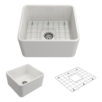 Classico Farmhouse Kitchen Sink With Grid and Strainer, White, 20"