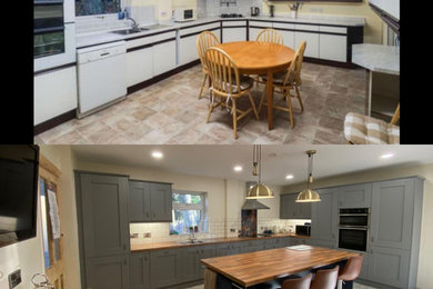 Large traditional l-shaped kitchen/diner in Other with shaker cabinets, laminate countertops and an island.