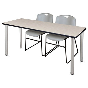 66"x24" Kee Training Table, Maple/Chrome and 2 Zeng Stack Chairs, Gray