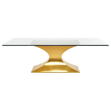 Aimon Dining Table Brushed Gold Base Clear Tempered Glass 78"