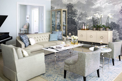 Living room - mid-sized transitional formal and enclosed porcelain tile living room idea in Austin with gray walls