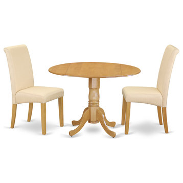 3Pc Small Round Table With Linen Beige Fabric Dining Chairs With Oak Chair Legs