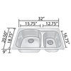 32"x21"x9" Undermount Low Divider Double Bowl Stainless Sink With Strainer
