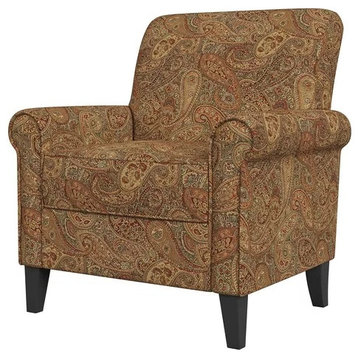 Classic Armchair, Padded Seat and Rolled Arms With Welted Trim, Burgundy Paisley