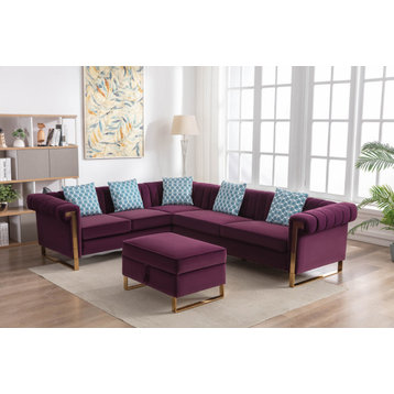 Maddie Purple Velvet 6-Seater Sectional Sofa with Storage Ottoman