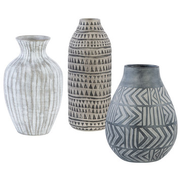 Geometric Pattern Art Pottery Gray Vase Tribal Design Contemporary, 3-Piece Set