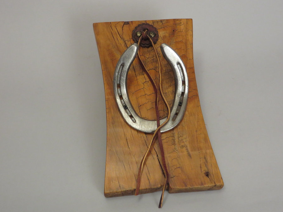 #R15040 Coat Rack Reclaimed Hemlock, horseshoes, leather.