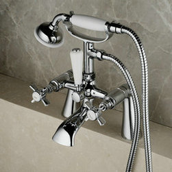 Contemporary Solid Brass Double Handles Bridge Bathtub Faucet with Hand Shower T - Bathtub Faucets