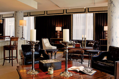 Inspiration for a large timeless formal and open concept light wood floor living room remodel in San Francisco with black walls, no fireplace and no tv