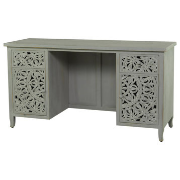 Traditional Desk, Multipurpose Design With Floral Carved Doors & Drawers, Gray