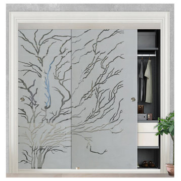 Frameless 2 Leaf Sliding Closet Bypass Glass Door, Dry Tree Design., 60"x96" Inc