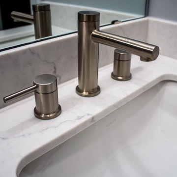 Guest Bathroom Featuring White Icing Vanity and Alabaster Marble Shower