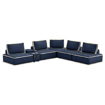 6 Piece Sofa Sectional, Modular Couch, Navy Blue and Cream Fabric