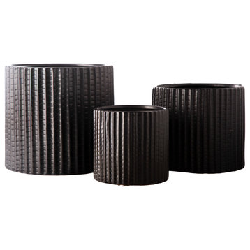 Ceramic Pot with Vertical Corrugated Pattern Design Matte Black Finish, Set of 3