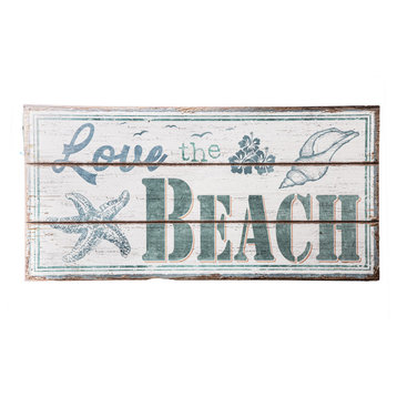 Wood Wall Art with "Love the Beach" Design Distressed White Finish