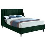 Meridian Furniture - Eva Velvet Upholstered Bed, Green, Queen - Snuggle up to a pet or other loved one in this richly upholstered Eva green velvet queen size bed for the ultimate in rest and relaxation. The wing back headboard has cushioned vertical deep channel tufting, and both the side rails and footboard are upholstered too for your comfort. Tapered black wood legs match the upholstery and support this contemporary bed, elevating it sufficiently that you can store items underneath.